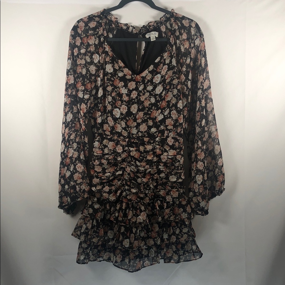 She + Sky Black Floral Sheer Long Sleeve Ruched Tiered Mini Dress